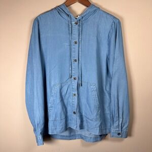 Jane and Delsey Women's Blue Denim Lyocell Button Up Hooded Shirt Size L